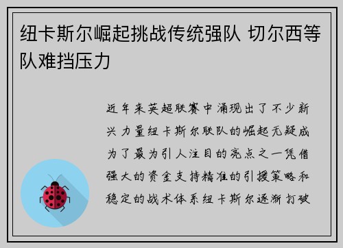 纽卡斯尔崛起挑战传统强队 切尔西等队难挡压力